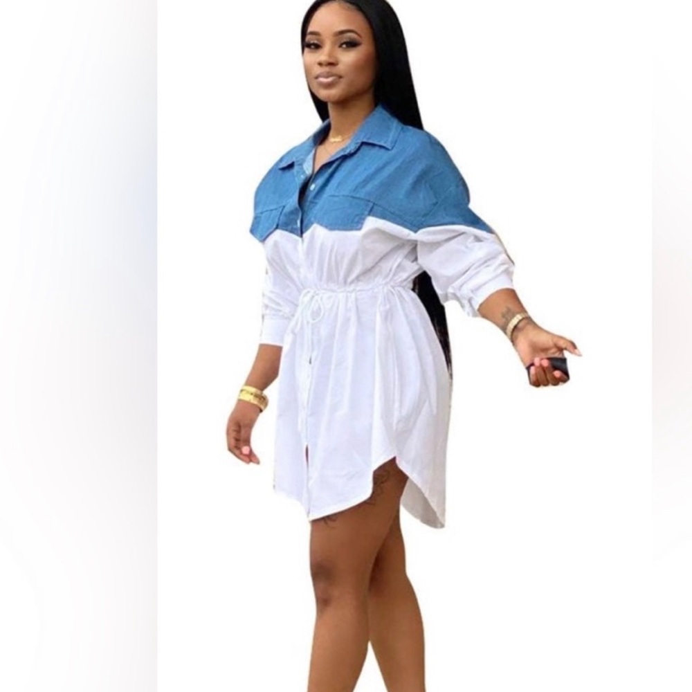 Denim and Poplin Belted Dress - Blue and White-
